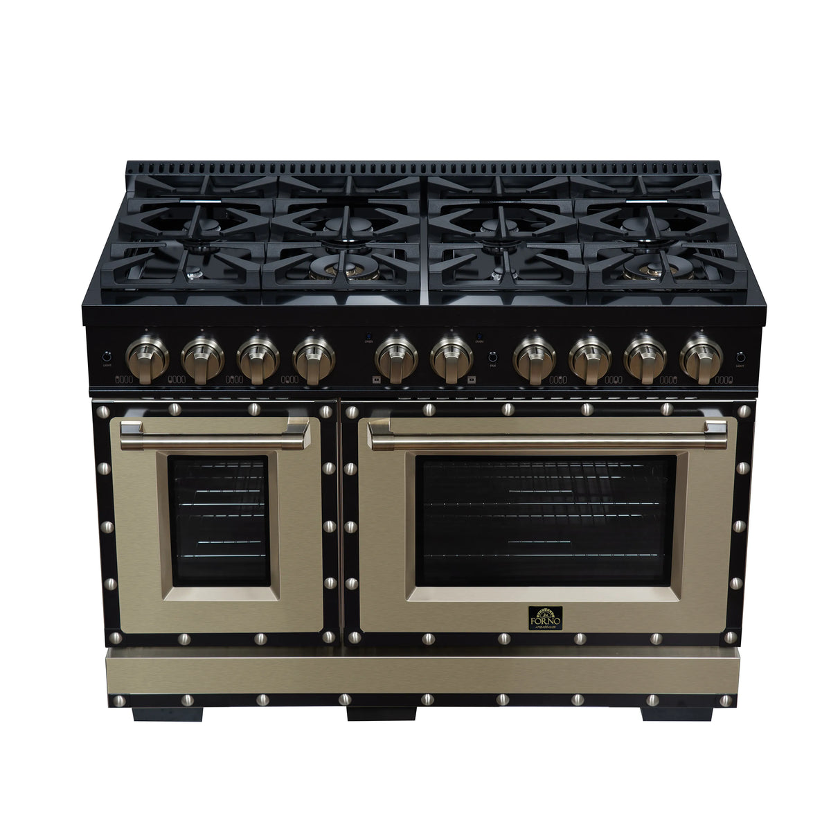 Forno Valente 48-Inch Gas Range, 8 Burners, 94,000 BTU, 6.7 Cu. Ft. Double Oven, Black with Antique Brass Handle and Copper Trim (FFSGS6299-48CPBLK)