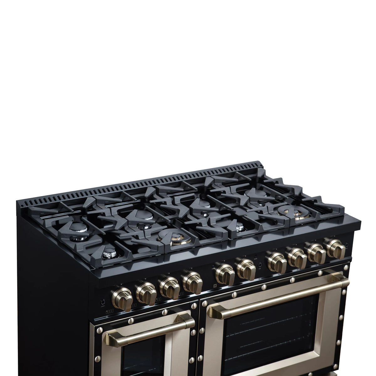 Forno Valente 48-Inch Gas Range, 8 Burners, 94,000 BTU, 6.7 Cu. Ft. Double Oven, Black with Antique Brass Handle and Copper Trim (FFSGS6299-48CPBLK)