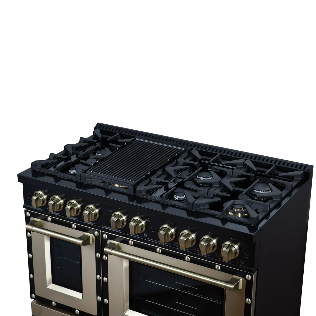 Forno Valente 48-Inch Gas Range, 8 Burners, 94,000 BTU, 6.7 Cu. Ft. Double Oven, Black with Antique Brass Handle and Copper Trim (FFSGS6299-48CPBLK)