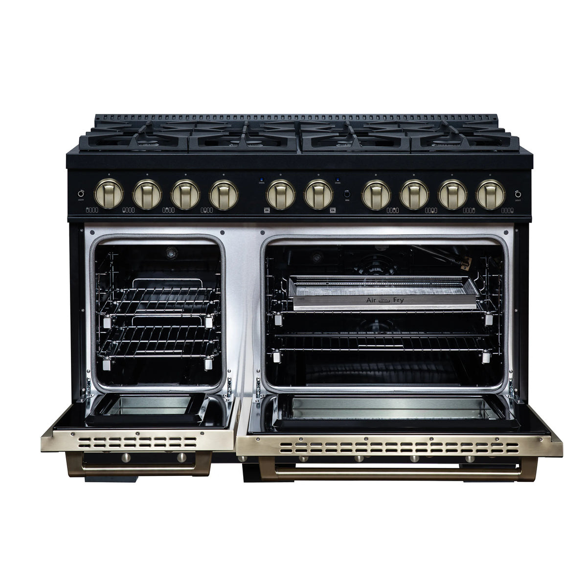 Forno Valente 48-Inch Gas Range, 8 Burners, 94,000 BTU, 6.7 Cu. Ft. Double Oven, Black with Antique Brass Handle and Copper Trim (FFSGS6299-48CPBLK)
