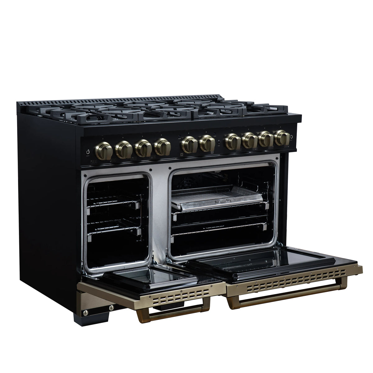 Forno Valente 48-Inch Gas Range, 8 Burners, 94,000 BTU, 6.7 Cu. Ft. Double Oven, Black with Antique Brass Handle and Copper Trim (FFSGS6299-48CPBLK)