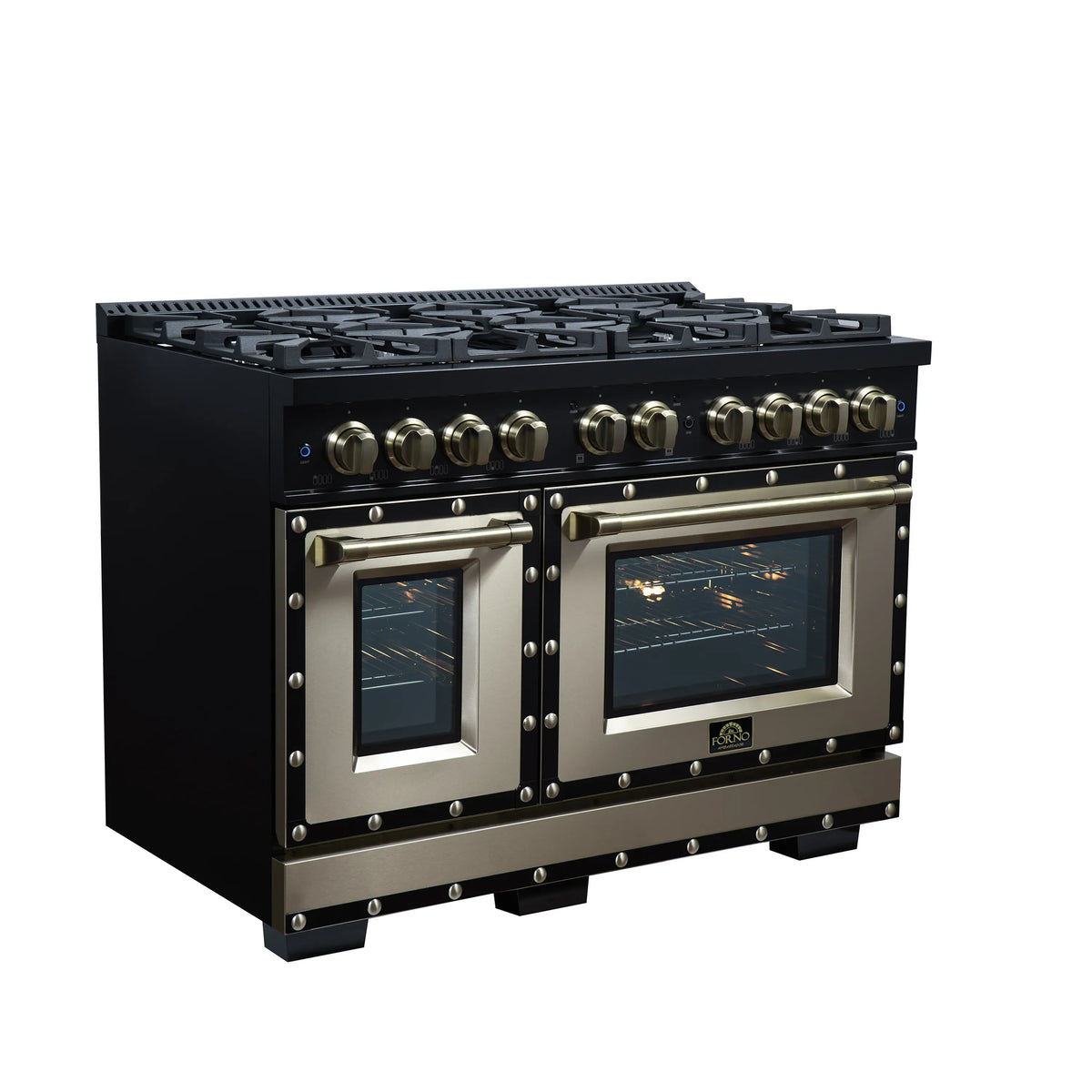 Forno Valente 48-Inch Gas Range, 8 Burners, 94,000 BTU, 6.7 Cu. Ft. Double Oven, Black with Antique Brass Handle and Copper Trim (FFSGS6299-48CPBLK)