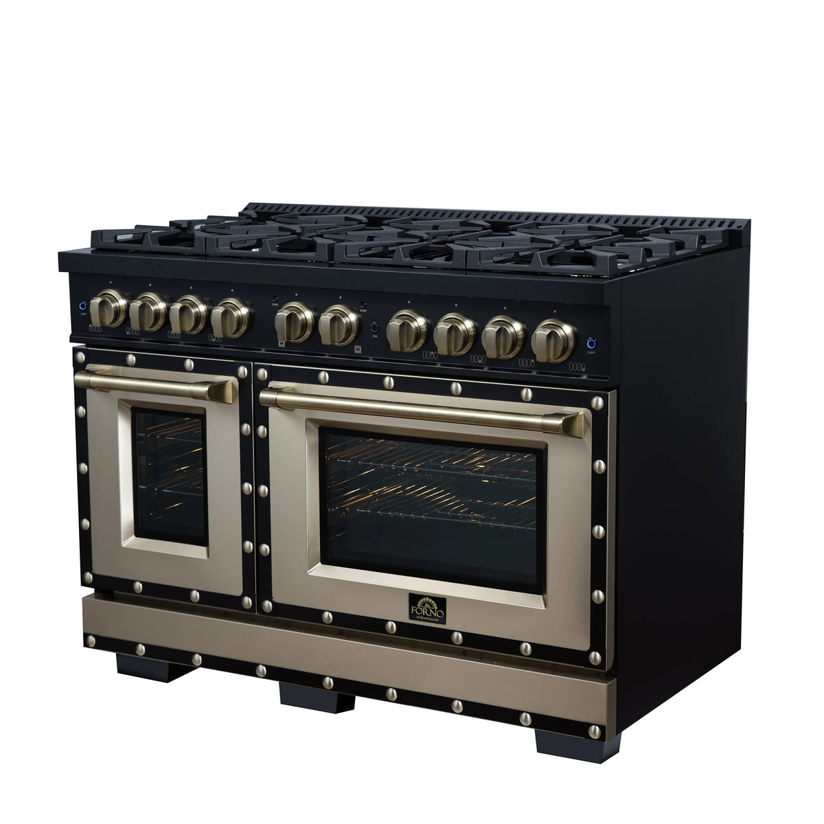 Forno Valente 48-Inch Gas Range, 8 Burners, 94,000 BTU, 6.7 Cu. Ft. Double Oven, Black with Antique Brass Handle and Copper Trim (FFSGS6299-48CPBLK)