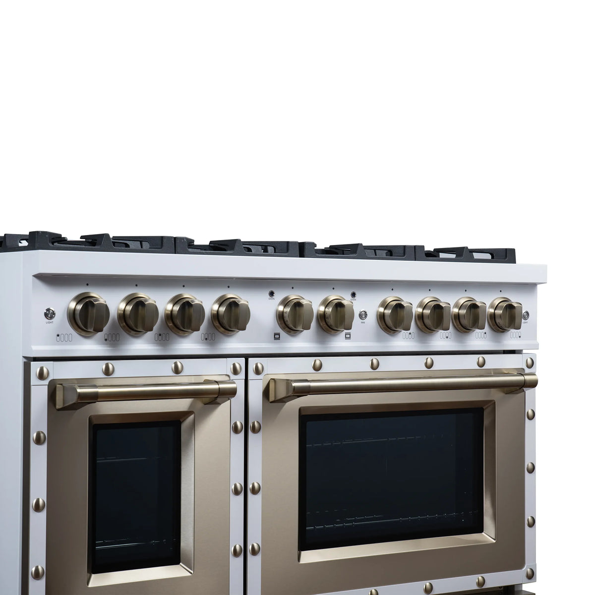 Forno Valente 48-Inch Gas Range, 8 Burners, 94,000 BTU, 6.7 Cu. Ft. Double Oven, White with Antique Brass Handle and Copper Trim (FFSGS6299-48CPWHT)