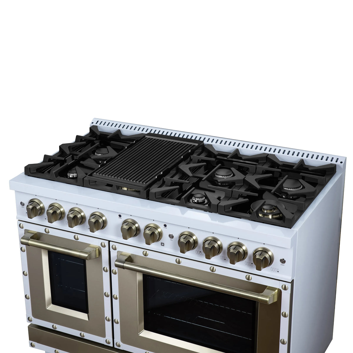 Forno Valente 48-Inch Gas Range, 8 Burners, 94,000 BTU, 6.7 Cu. Ft. Double Oven, White with Antique Brass Handle and Copper Trim (FFSGS6299-48CPWHT)