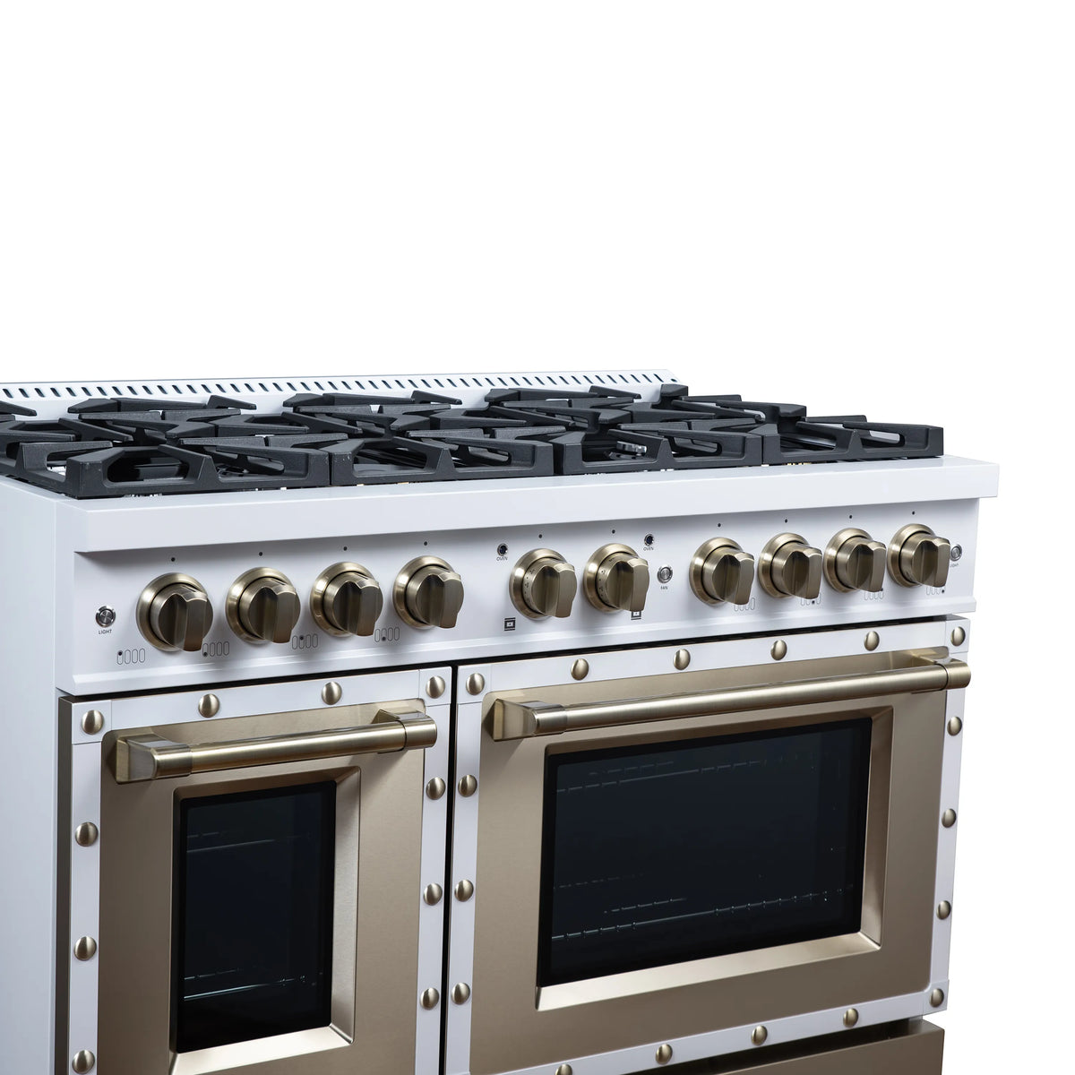 Forno Valente 48-Inch Gas Range, 8 Burners, 94,000 BTU, 6.7 Cu. Ft. Double Oven, White with Antique Brass Handle and Copper Trim (FFSGS6299-48CPWHT)