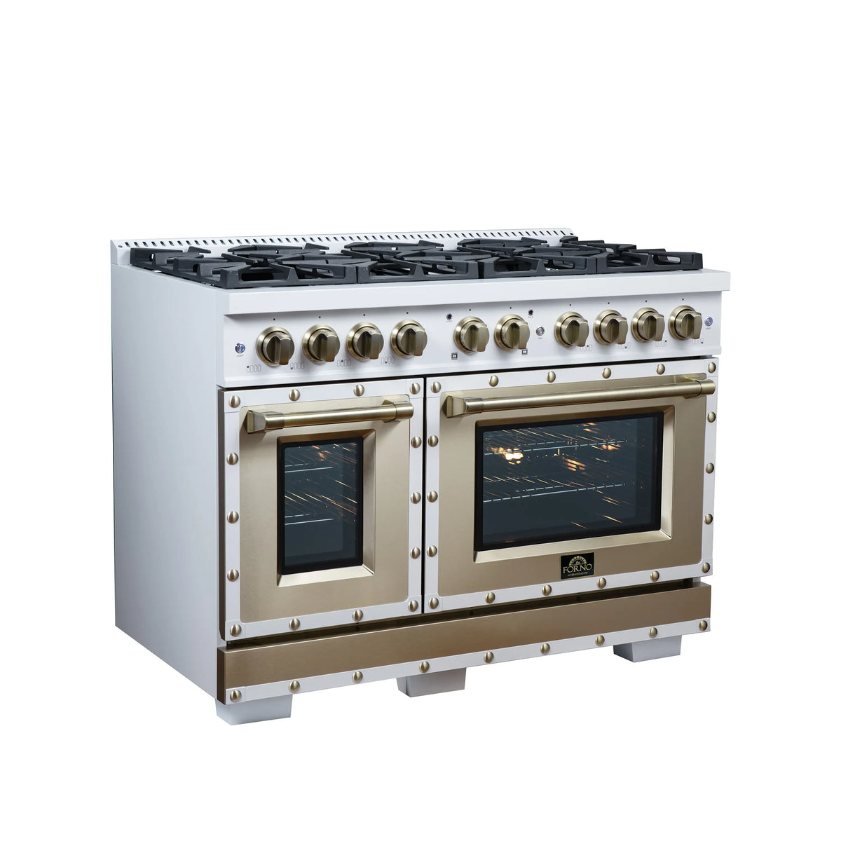 Forno Valente 48-Inch Gas Range, 8 Burners, 94,000 BTU, 6.7 Cu. Ft. Double Oven, White with Antique Brass Handle and Copper Trim (FFSGS6299-48CPWHT)