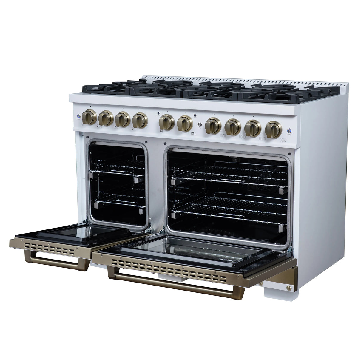 Forno Valente 48-Inch Gas Range, 8 Burners, 94,000 BTU, 6.7 Cu. Ft. Double Oven, White with Antique Brass Handle and Copper Trim (FFSGS6299-48CPWHT)