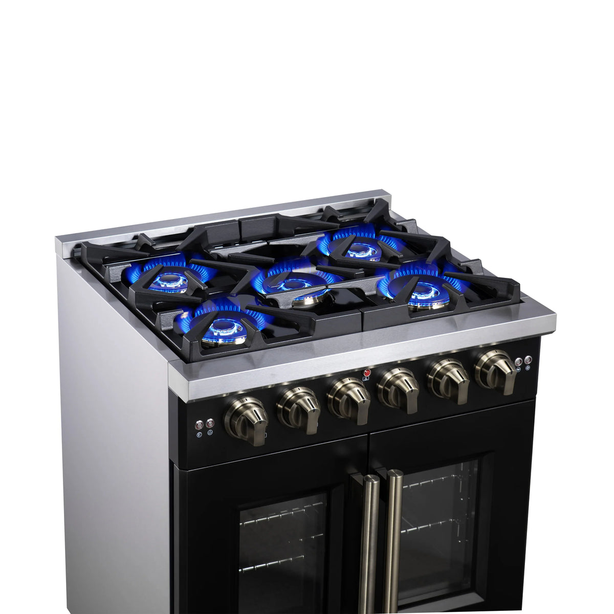 Forno Capriasca 30-Inch Freestanding Gas Range, 4 Burners, 4.32 Cu. Ft. French Door Convection Oven, Black with Antique Brass Handle (FFSGS6460-30BLK)