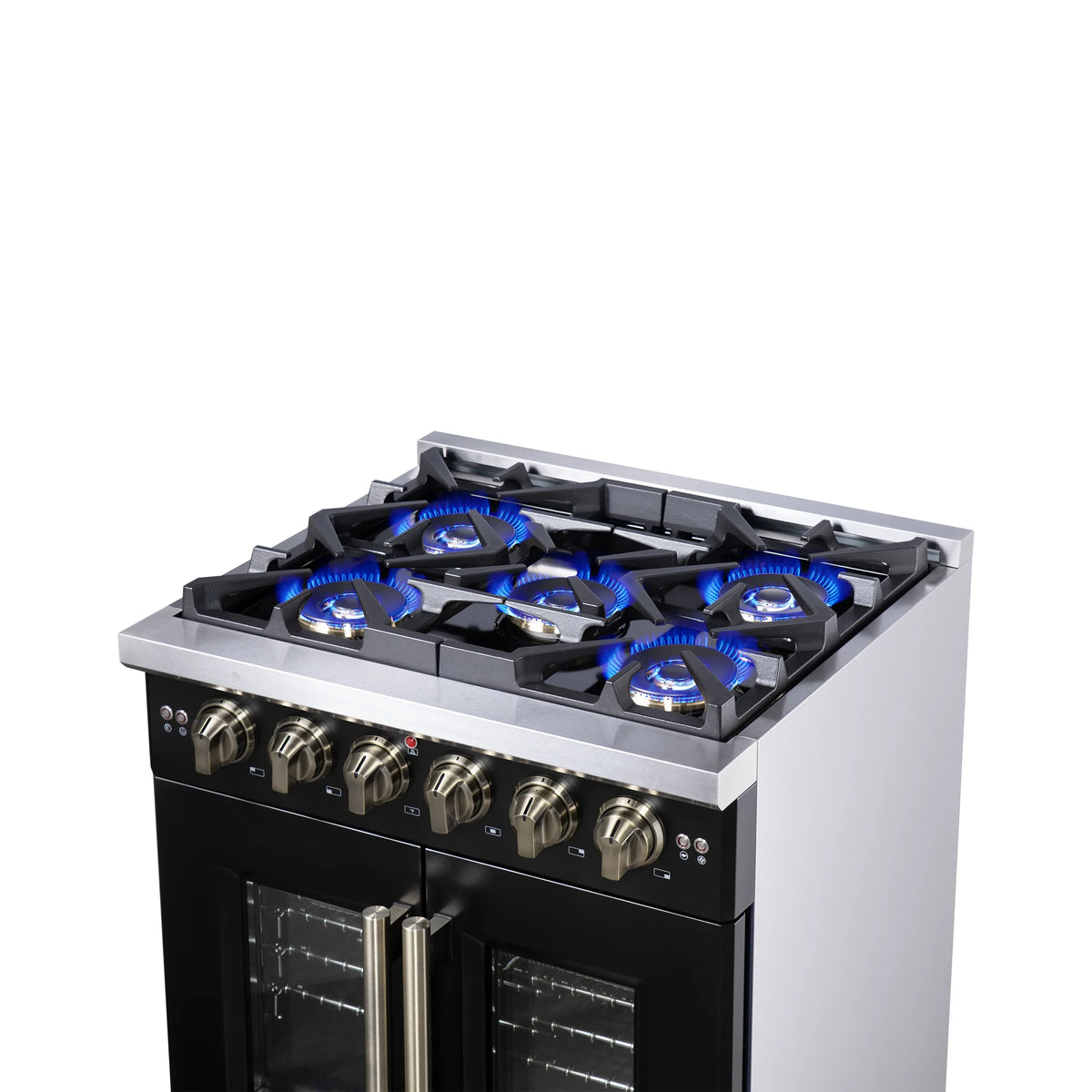 Forno Capriasca 30-Inch Freestanding Gas Range, 4 Burners, 4.32 Cu. Ft. French Door Convection Oven, Black with Antique Brass Handle (FFSGS6460-30BLK)