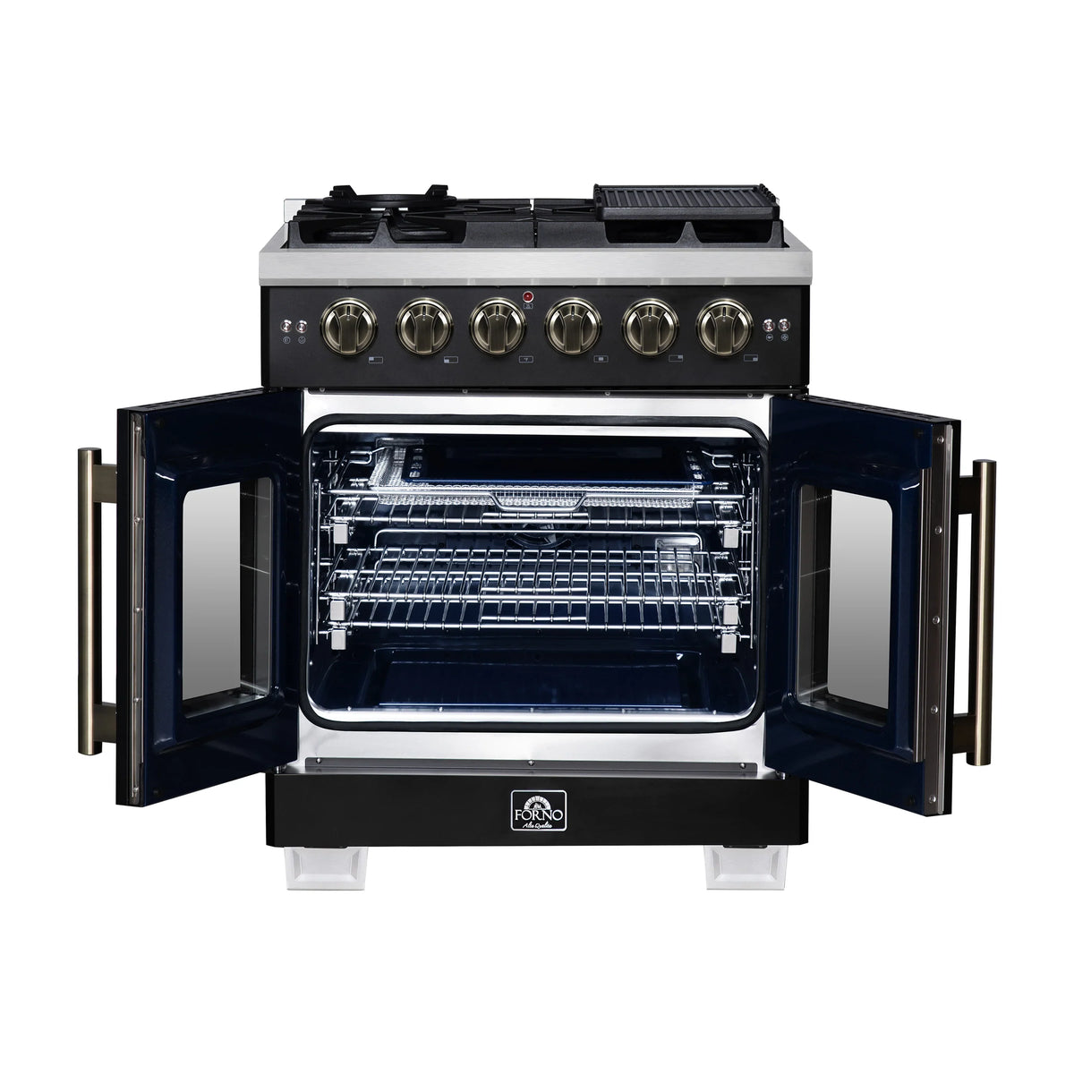 Forno Capriasca 30-Inch Freestanding Gas Range, 4 Burners, 4.32 Cu. Ft. French Door Convection Oven, Black with Antique Brass Handle (FFSGS6460-30BLK)