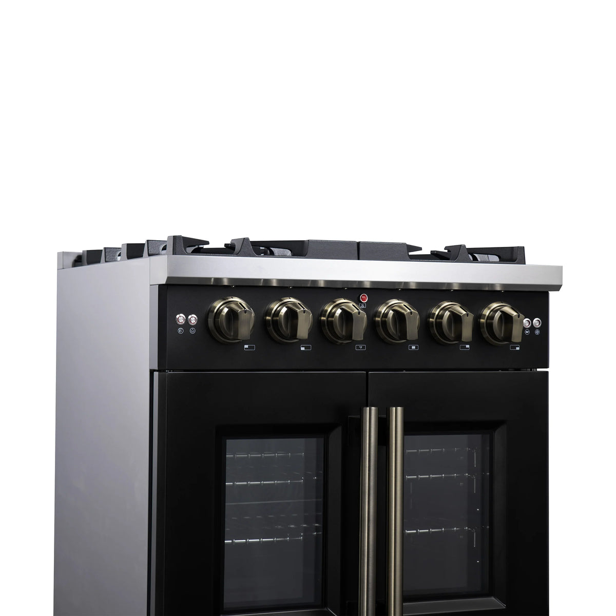 Forno Capriasca 30-Inch Freestanding Gas Range, 4 Burners, 4.32 Cu. Ft. French Door Convection Oven, Black with Antique Brass Handle (FFSGS6460-30BLK)