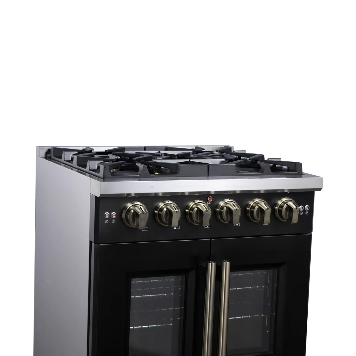 Forno Capriasca 30-Inch Freestanding Gas Range, 4 Burners, 4.32 Cu. Ft. French Door Convection Oven, Black with Antique Brass Handle (FFSGS6460-30BLK)
