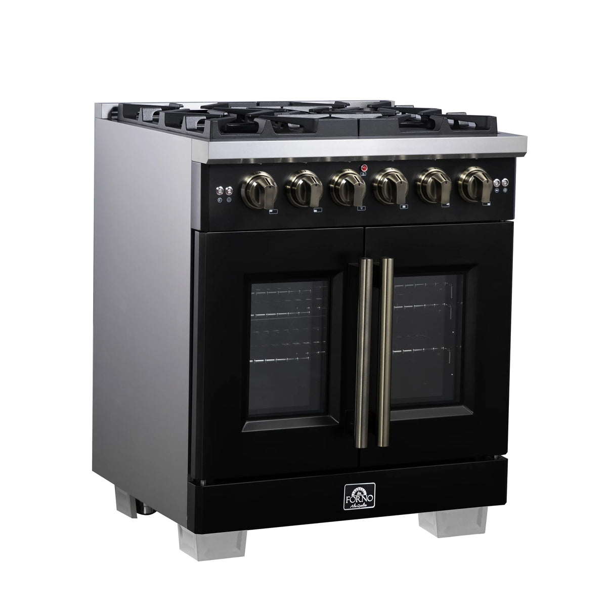 Forno Capriasca 30-Inch Freestanding Gas Range, 4 Burners, 4.32 Cu. Ft. French Door Convection Oven, Black with Antique Brass Handle (FFSGS6460-30BLK)