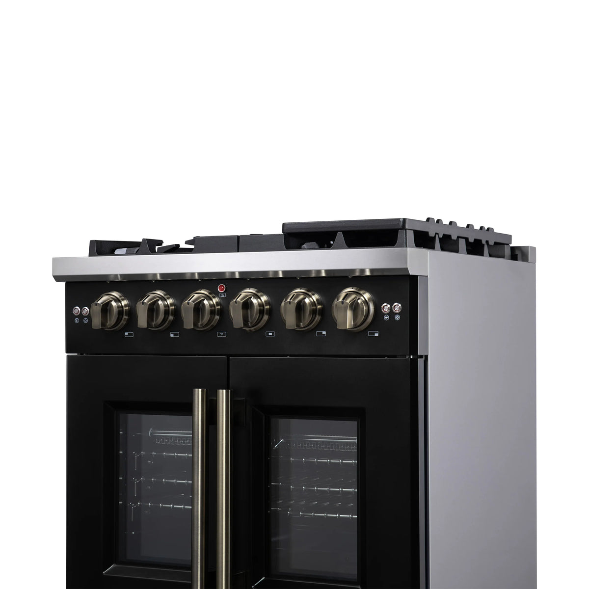 Forno Capriasca 30-Inch Freestanding Gas Range, 4 Burners, 4.32 Cu. Ft. French Door Convection Oven, Black with Antique Brass Handle (FFSGS6460-30BLK)
