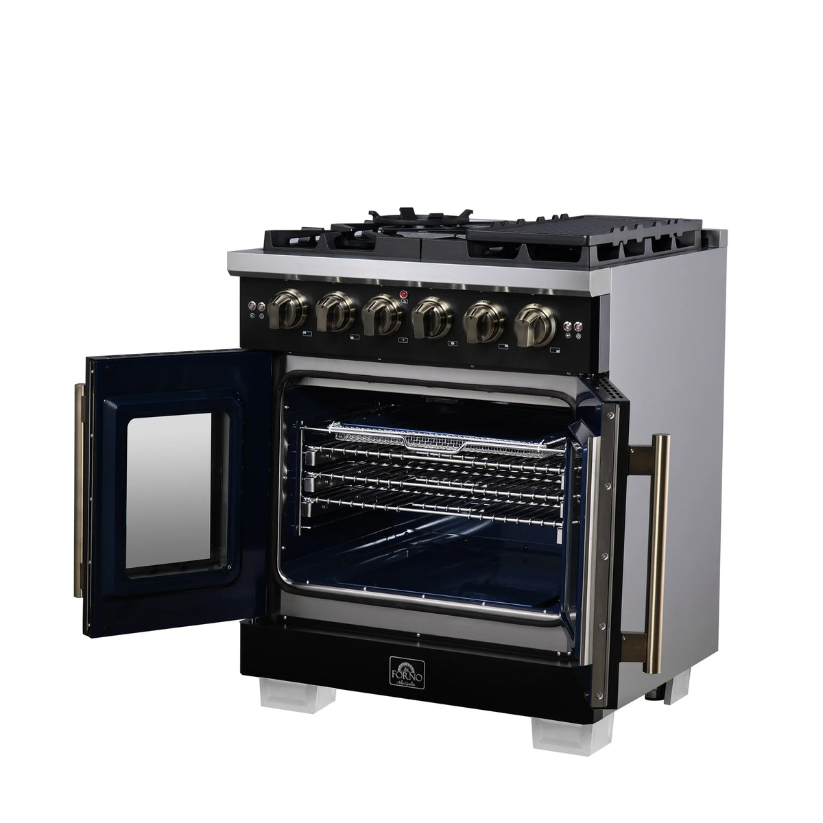 Forno Capriasca 30-Inch Freestanding Gas Range, 4 Burners, 4.32 Cu. Ft. French Door Convection Oven, Black with Antique Brass Handle (FFSGS6460-30BLK)