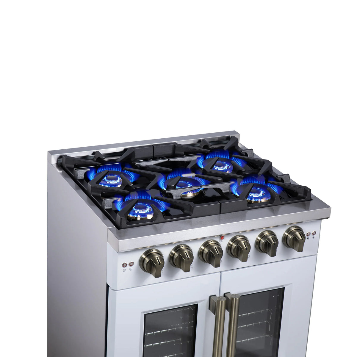 Forno Capriasca 30-Inch Freestanding Gas Range, 4 Burners, 4.32 Cu. Ft. French Door Convection Oven, White with Antique Brass Handle (FFSGS6460-30WHT)