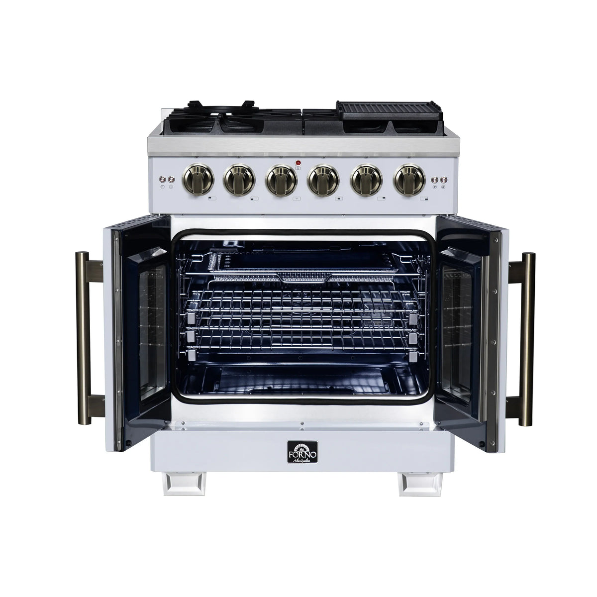 Forno Capriasca 30-Inch Freestanding Gas Range, 4 Burners, 4.32 Cu. Ft. French Door Convection Oven, White with Antique Brass Handle (FFSGS6460-30WHT)