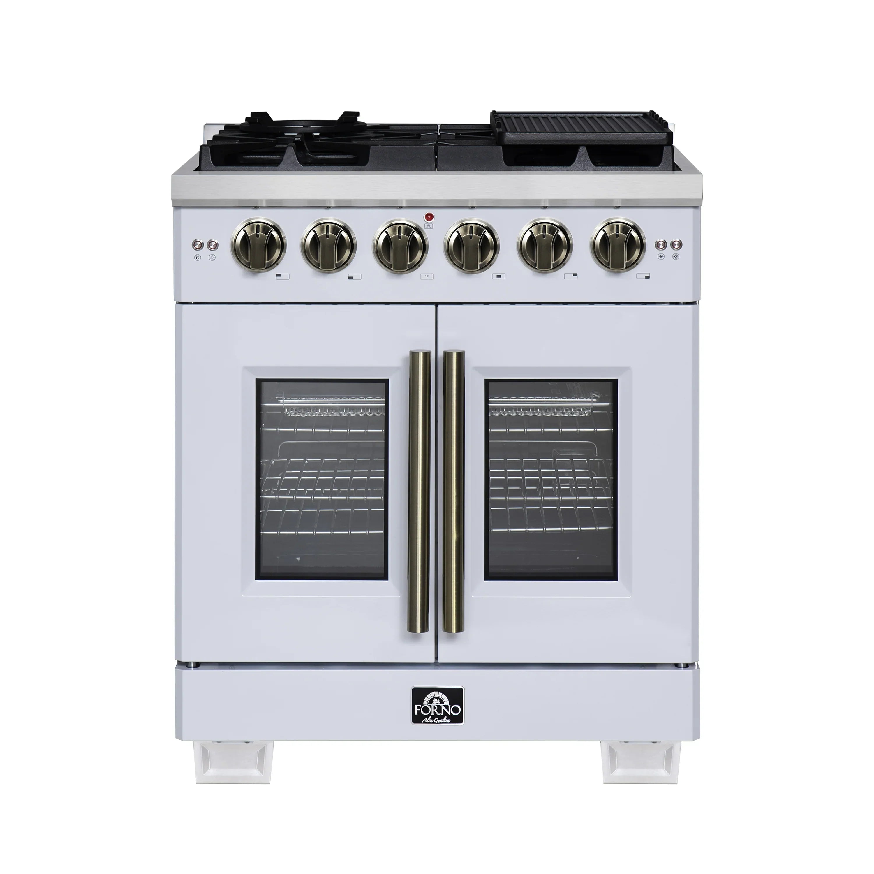 Forno Capriasca 30-Inch Freestanding French Door Gas Range with 4 Burners and 4.32 Cu.Ft. Convection Oven in White with Antique Brass Handle (FFSGS6460-30WHT)
