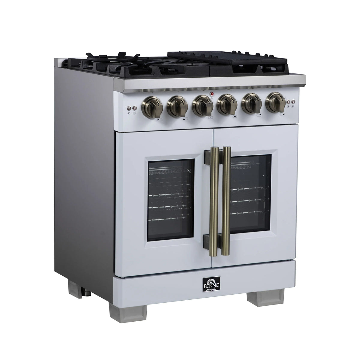 Forno Capriasca 30-Inch Freestanding Gas Range, 4 Burners, 4.32 Cu. Ft. French Door Convection Oven, White with Antique Brass Handle (FFSGS6460-30WHT)