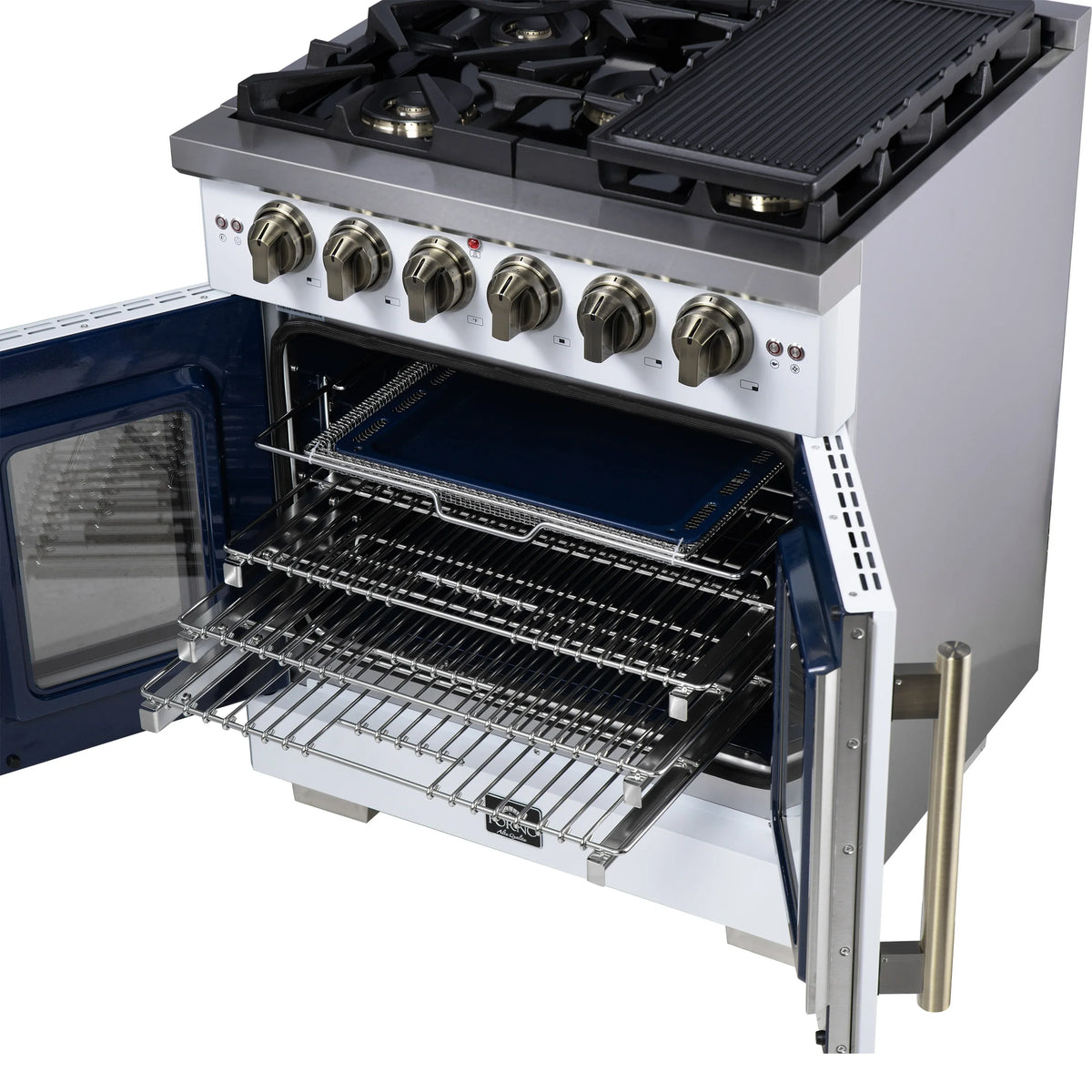 Forno Capriasca 30-Inch Freestanding Gas Range, 4 Burners, 4.32 Cu. Ft. French Door Convection Oven, White with Antique Brass Handle (FFSGS6460-30WHT)