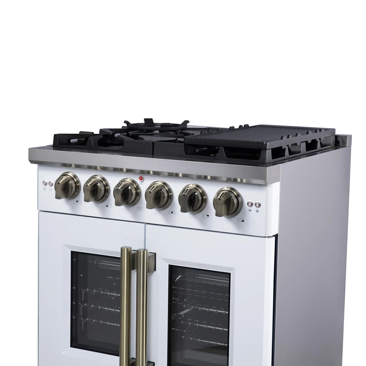 Forno Capriasca 30-Inch Freestanding Gas Range, 4 Burners, 4.32 Cu. Ft. French Door Convection Oven, White with Antique Brass Handle (FFSGS6460-30WHT)