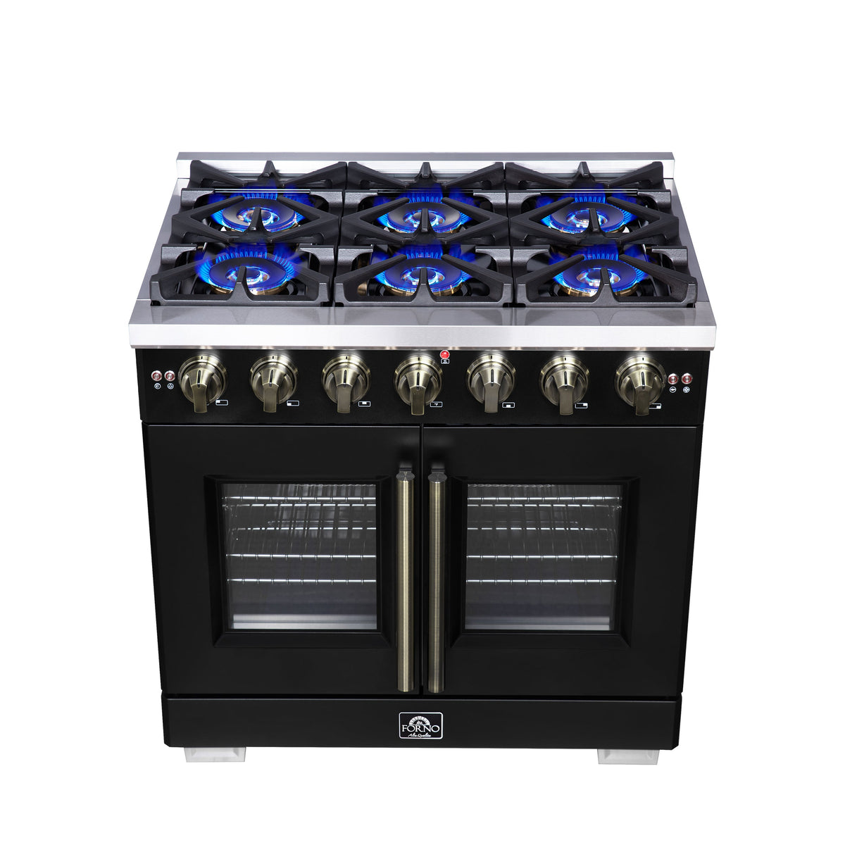 Forno Capriasca 36-Inch Freestanding Gas Range, 6 Burners, 5.36 Cu. Ft. French Door Convection Oven, Black with Antique Brass Handle (FFSGS6460-36BLK)