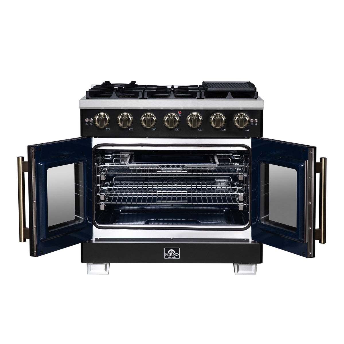 Forno Capriasca 36-Inch Freestanding Gas Range, 6 Burners, 5.36 Cu. Ft. French Door Convection Oven, Black with Antique Brass Handle (FFSGS6460-36BLK)