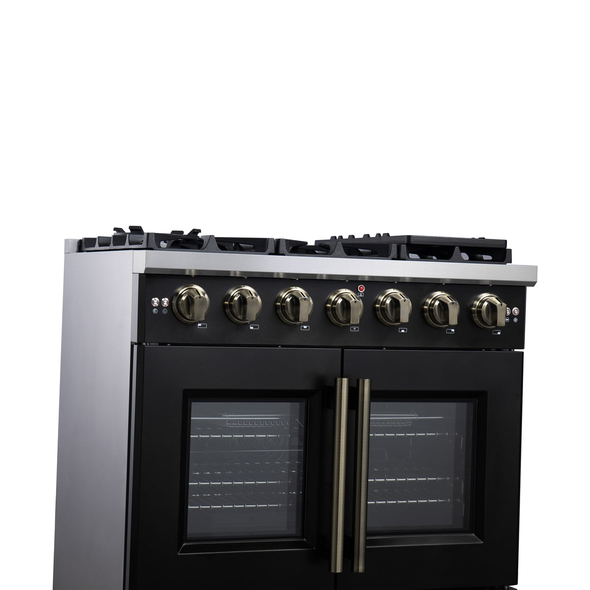 Forno Capriasca 36-Inch Freestanding Gas Range, 6 Burners, 5.36 Cu. Ft. French Door Convection Oven, Black with Antique Brass Handle (FFSGS6460-36BLK)