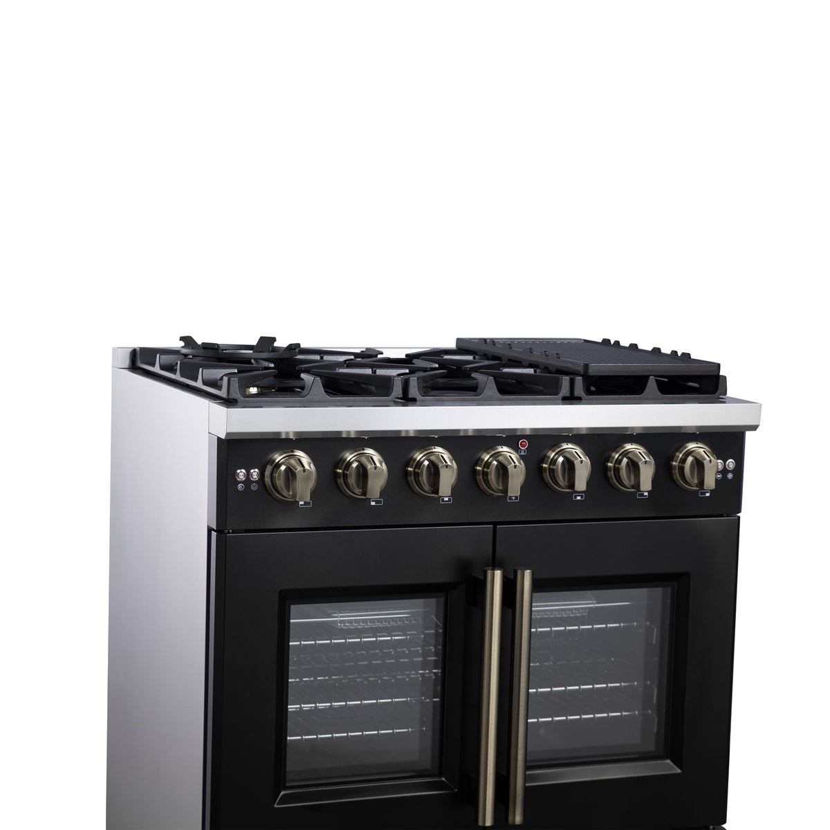 Forno Capriasca 36-Inch Freestanding Gas Range, 6 Burners, 5.36 Cu. Ft. French Door Convection Oven, Black with Antique Brass Handle (FFSGS6460-36BLK)