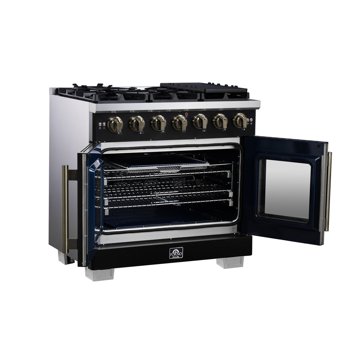 Forno Capriasca 36-Inch Freestanding Gas Range, 6 Burners, 5.36 Cu. Ft. French Door Convection Oven, Black with Antique Brass Handle (FFSGS6460-36BLK)