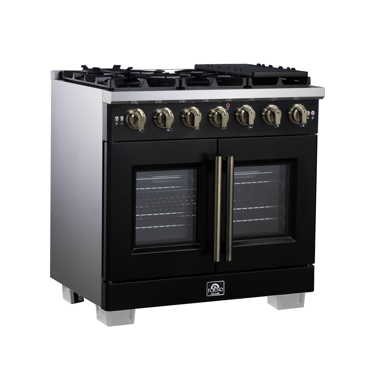 Forno Capriasca 36-Inch Freestanding Gas Range, 6 Burners, 5.36 Cu. Ft. French Door Convection Oven, Black with Antique Brass Handle (FFSGS6460-36BLK)