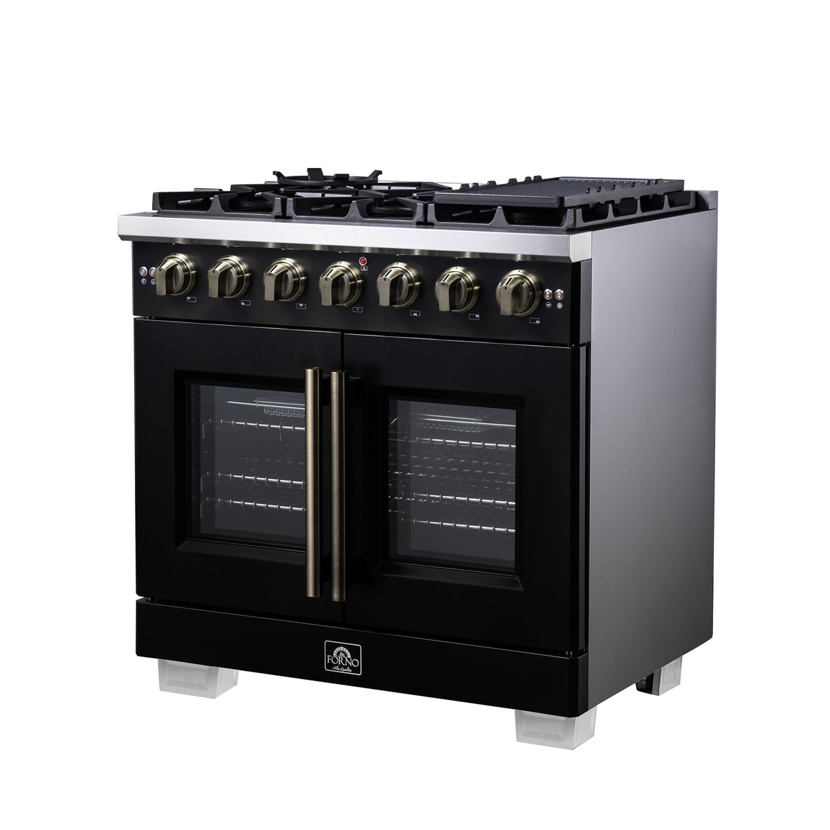 Forno Capriasca 36-Inch Freestanding Gas Range, 6 Burners, 5.36 Cu. Ft. French Door Convection Oven, Black with Antique Brass Handle (FFSGS6460-36BLK)