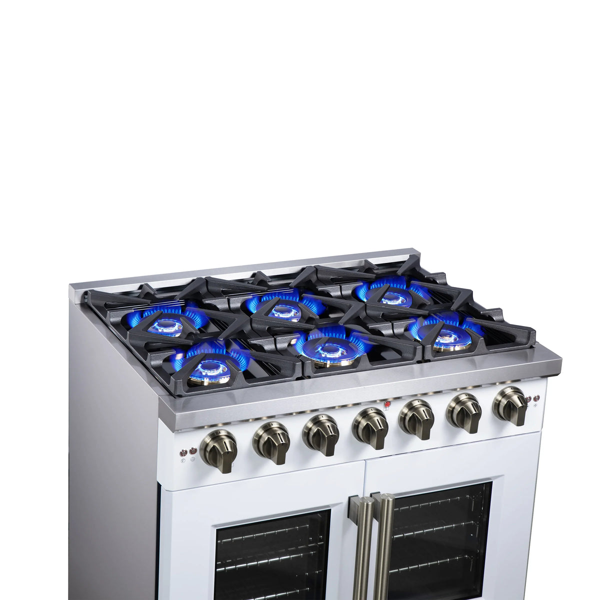 Forno Capriasca 36-Inch Freestanding Gas Range, 6 Burners, 5.36 Cu. Ft. French Door Convection Oven, White with Antique Brass Handle (FFSGS6460-36WHT)