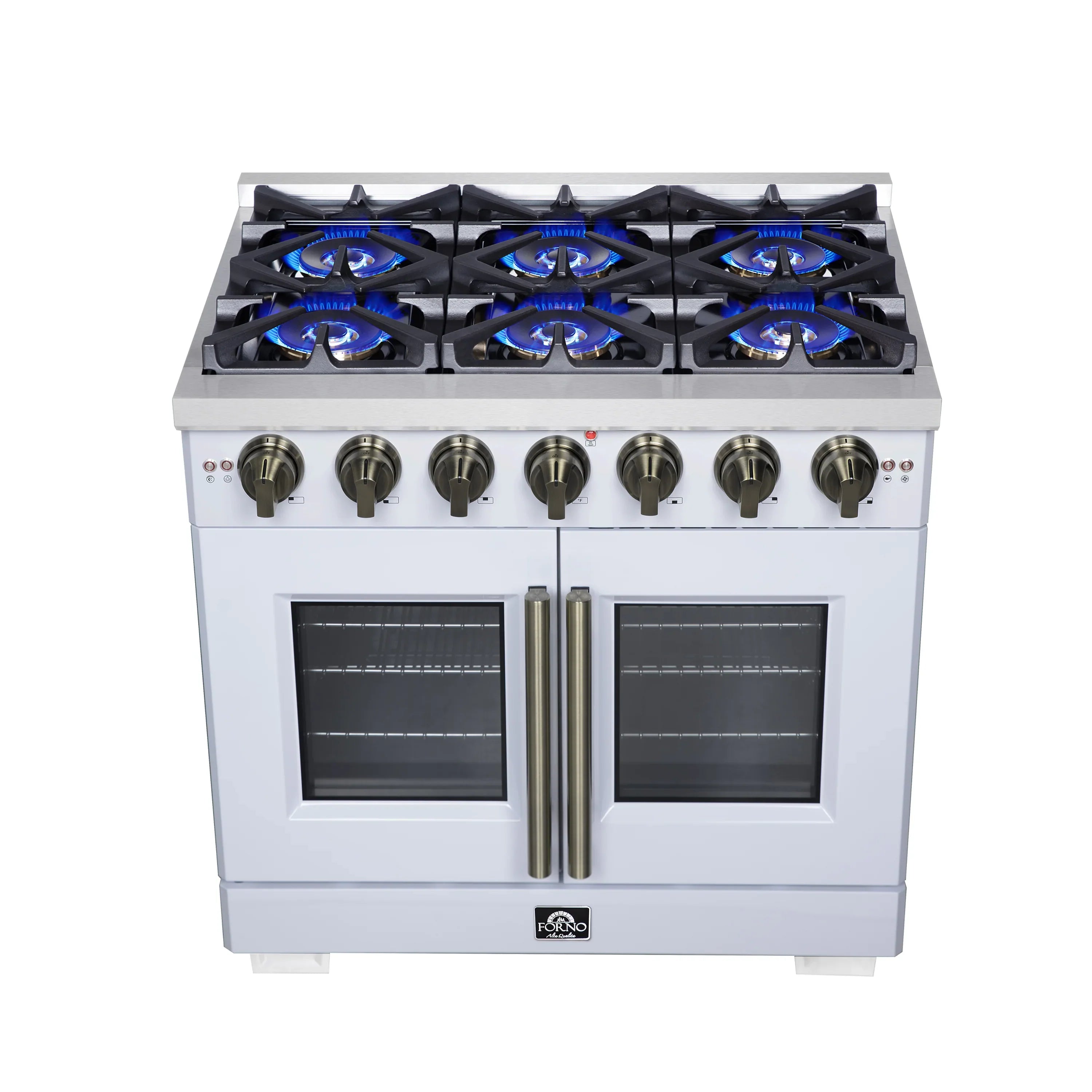 Forno Capriasca 36-Inch Freestanding French Door Gas Range with 6 Burners and 5.36 Cu.Ft. Convection Oven in White with Antique Brass Handle (FFSGS6460-36WHT)