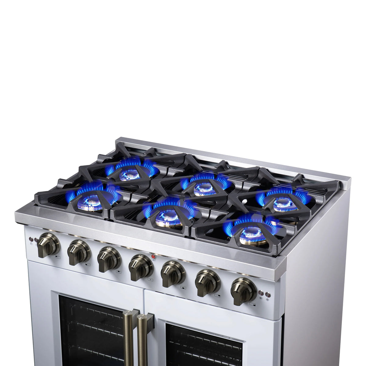 Forno Capriasca 36-Inch Freestanding Gas Range, 6 Burners, 5.36 Cu. Ft. French Door Convection Oven, White with Antique Brass Handle (FFSGS6460-36WHT)