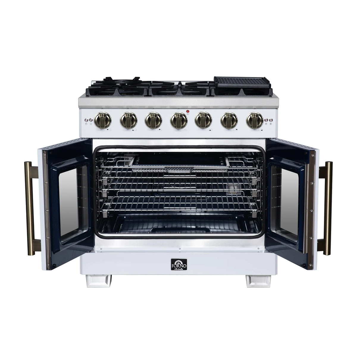 Forno Capriasca 36-Inch Freestanding Gas Range, 6 Burners, 5.36 Cu. Ft. French Door Convection Oven, White with Antique Brass Handle (FFSGS6460-36WHT)