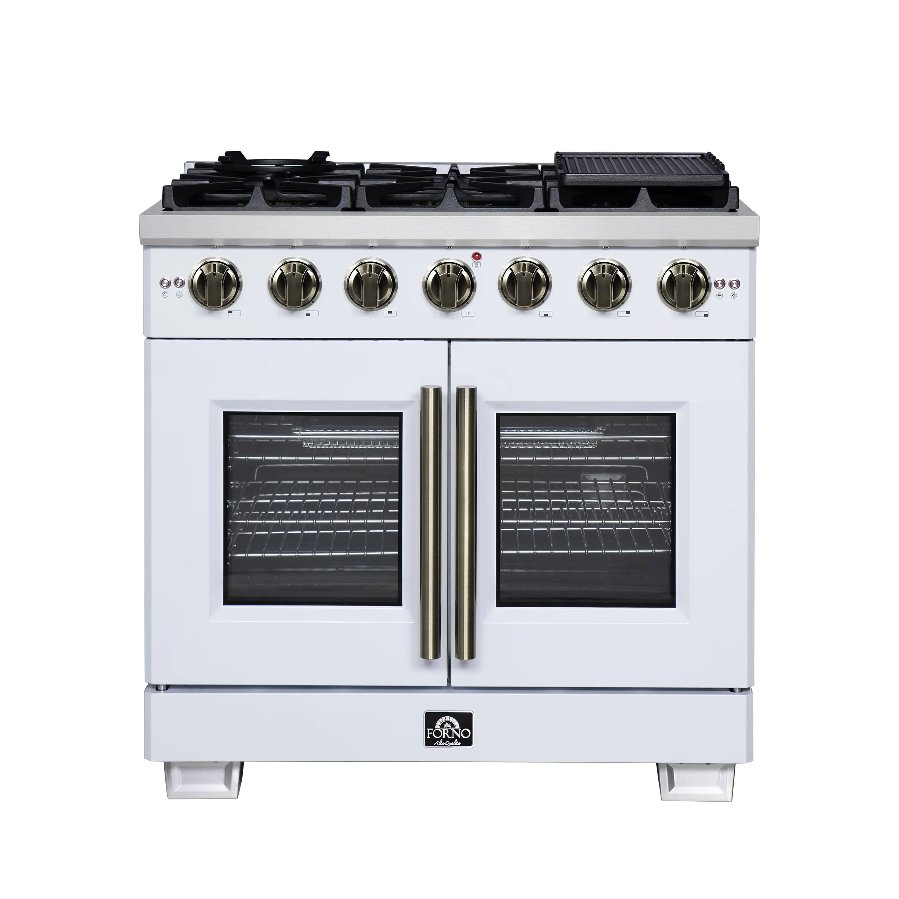 Forno Capriasca 36-Inch Freestanding French Door Gas Range with 6 Burners and 5.36 Cu.Ft. Convection Oven in White with Antique Brass Handle (FFSGS6460-36WHT)