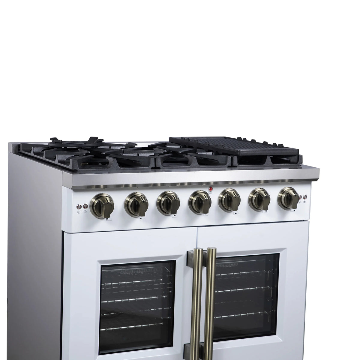 Forno Capriasca 36-Inch Freestanding Gas Range, 6 Burners, 5.36 Cu. Ft. French Door Convection Oven, White with Antique Brass Handle (FFSGS6460-36WHT)