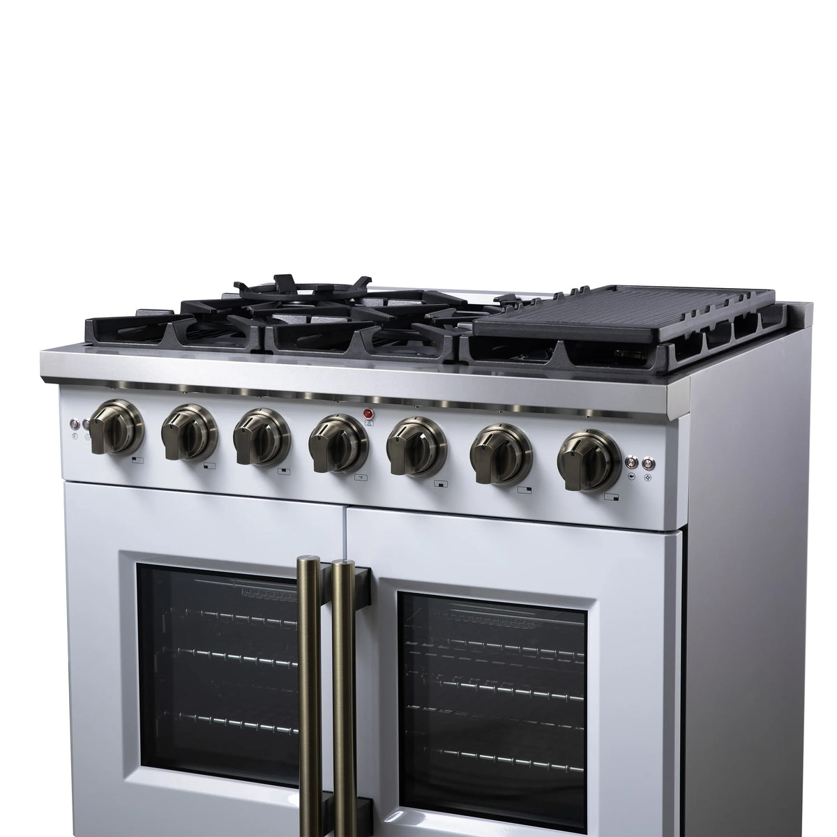 Forno Capriasca 36-Inch Freestanding Gas Range, 6 Burners, 5.36 Cu. Ft. French Door Convection Oven, White with Antique Brass Handle (FFSGS6460-36WHT)