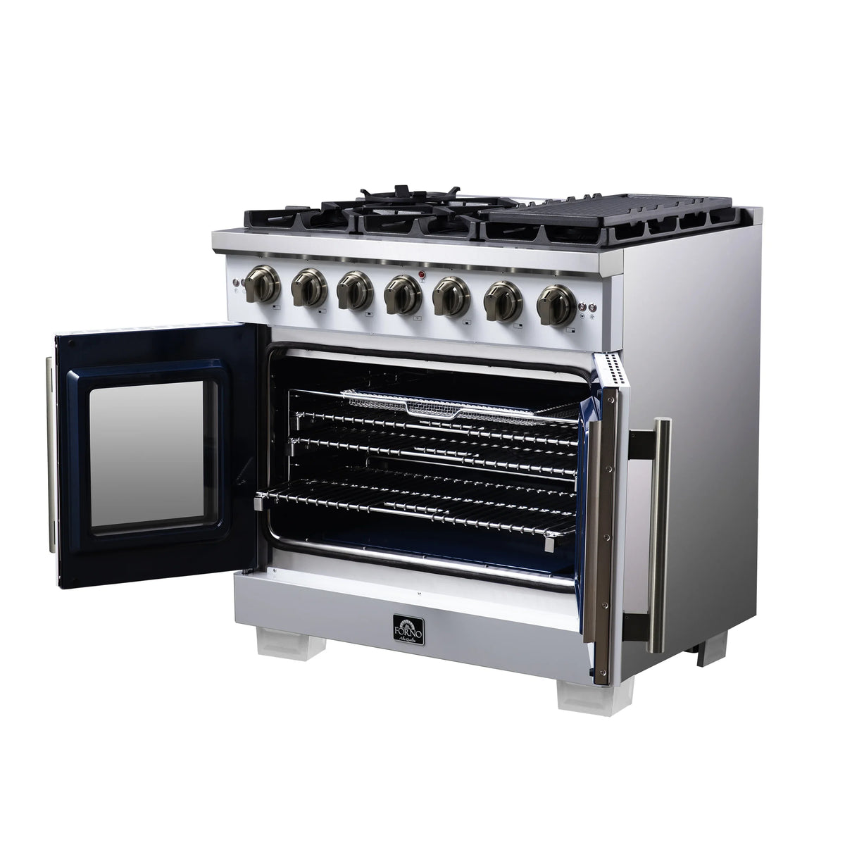 Forno Capriasca 36-Inch Freestanding Gas Range, 6 Burners, 5.36 Cu. Ft. French Door Convection Oven, White with Antique Brass Handle (FFSGS6460-36WHT)