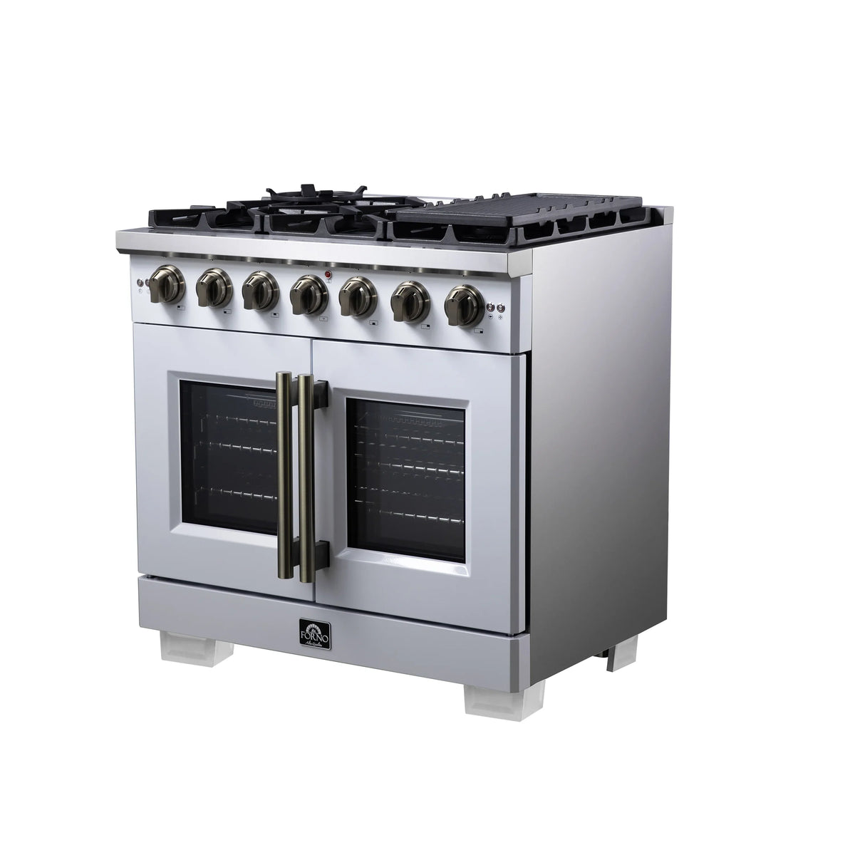 Forno Capriasca 36-Inch Freestanding Gas Range, 6 Burners, 5.36 Cu. Ft. French Door Convection Oven, White with Antique Brass Handle (FFSGS6460-36WHT)