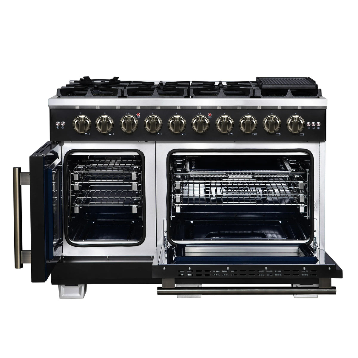 Forno Capriasca 48-Inch Freestanding Gas Range, 8 Burners, 6.58 Cu. Ft. French Door Convection Oven, Black with Antique Brass Handle (FFSGS6460-48BLK)