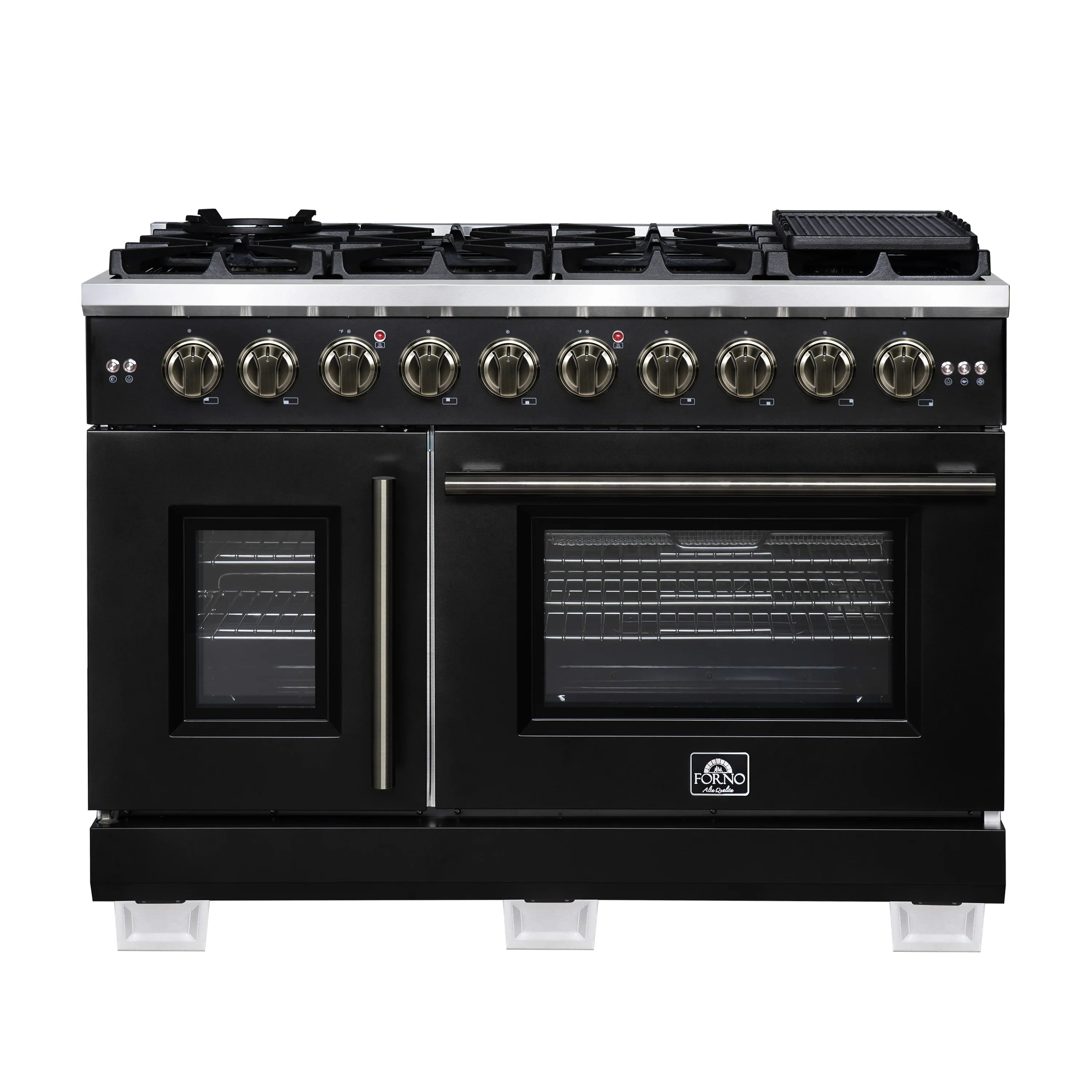 Forno Capriasca 48-Inch Freestanding French Door Gas Range with 8 Burners and 6.58 Cu.Ft. Convection Oven in Black with Antique Brass Handle (FFSGS6460-48BLK)
