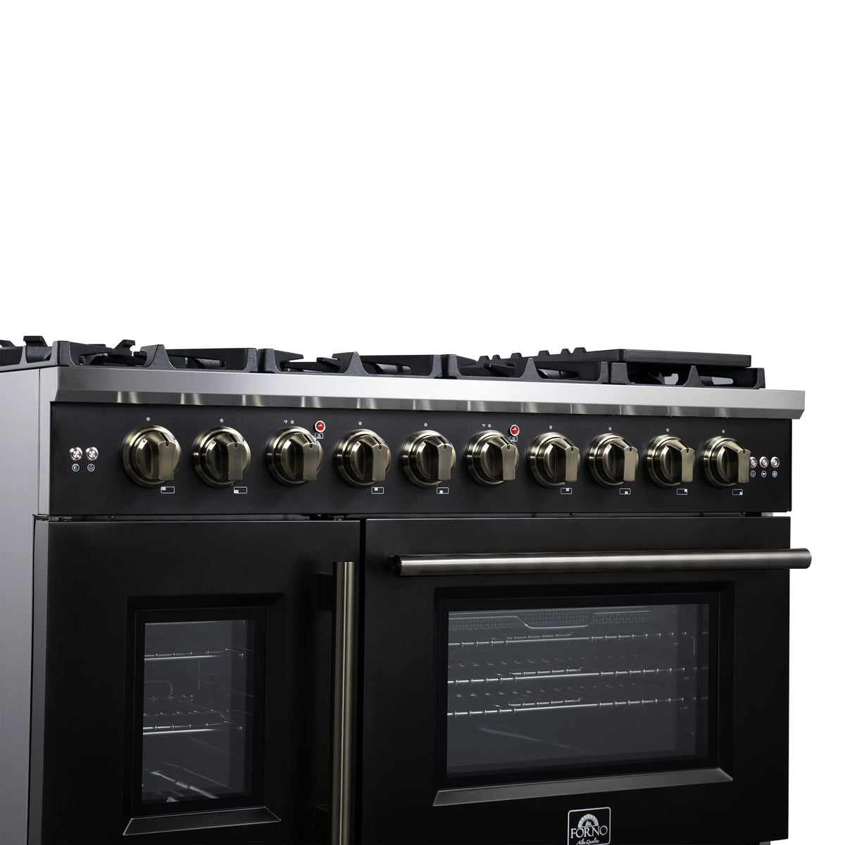 Forno Capriasca 48-Inch Freestanding Gas Range, 8 Burners, 6.58 Cu. Ft. French Door Convection Oven, Black with Antique Brass Handle (FFSGS6460-48BLK)