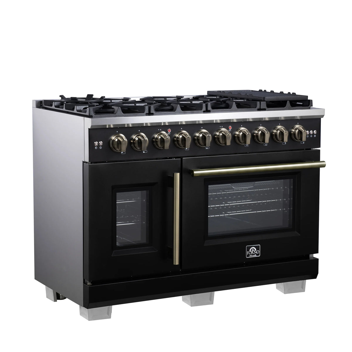 Forno Capriasca 48-Inch Freestanding Gas Range, 8 Burners, 6.58 Cu. Ft. French Door Convection Oven, Black with Antique Brass Handle (FFSGS6460-48BLK)