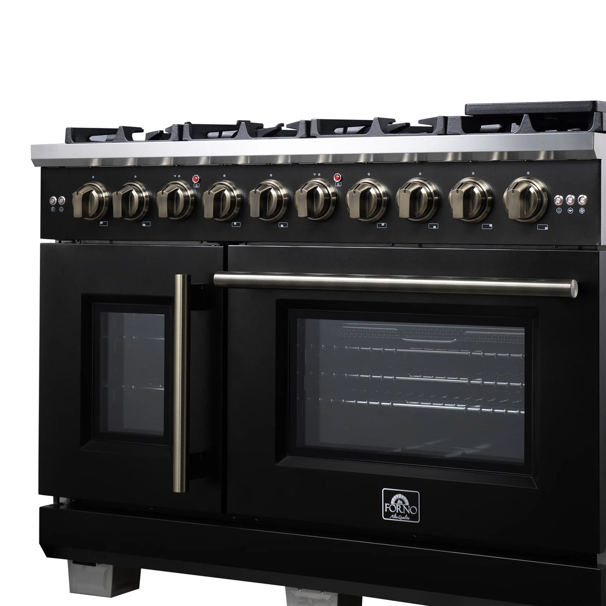 Forno Capriasca 48-Inch Freestanding Gas Range, 8 Burners, 6.58 Cu. Ft. French Door Convection Oven, Black with Antique Brass Handle (FFSGS6460-48BLK)