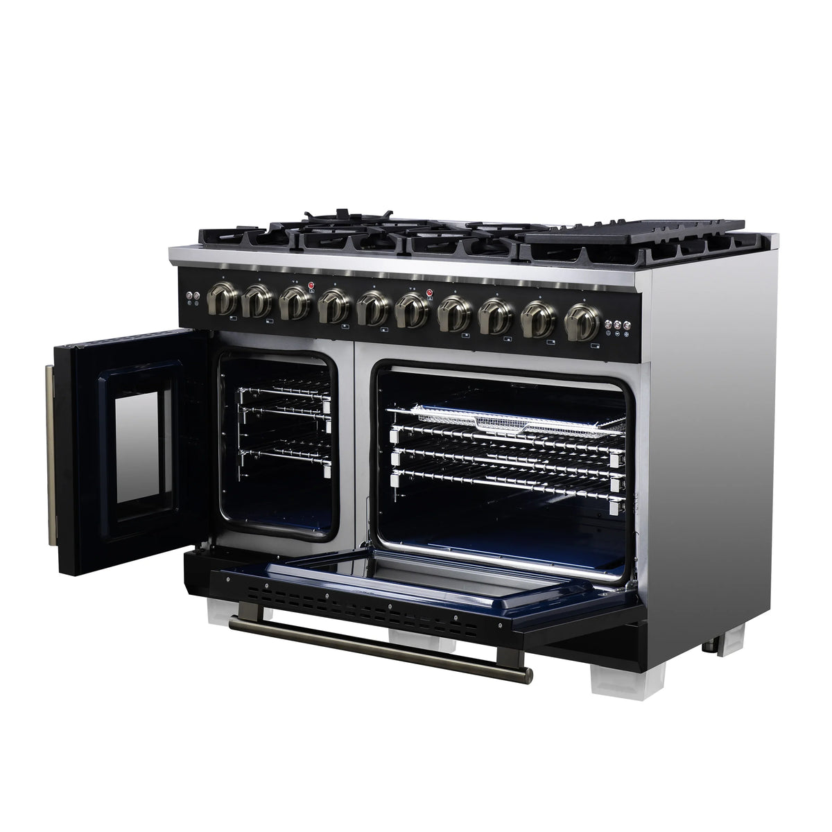 Forno Capriasca 48-Inch Freestanding Gas Range, 8 Burners, 6.58 Cu. Ft. French Door Convection Oven, Black with Antique Brass Handle (FFSGS6460-48BLK)