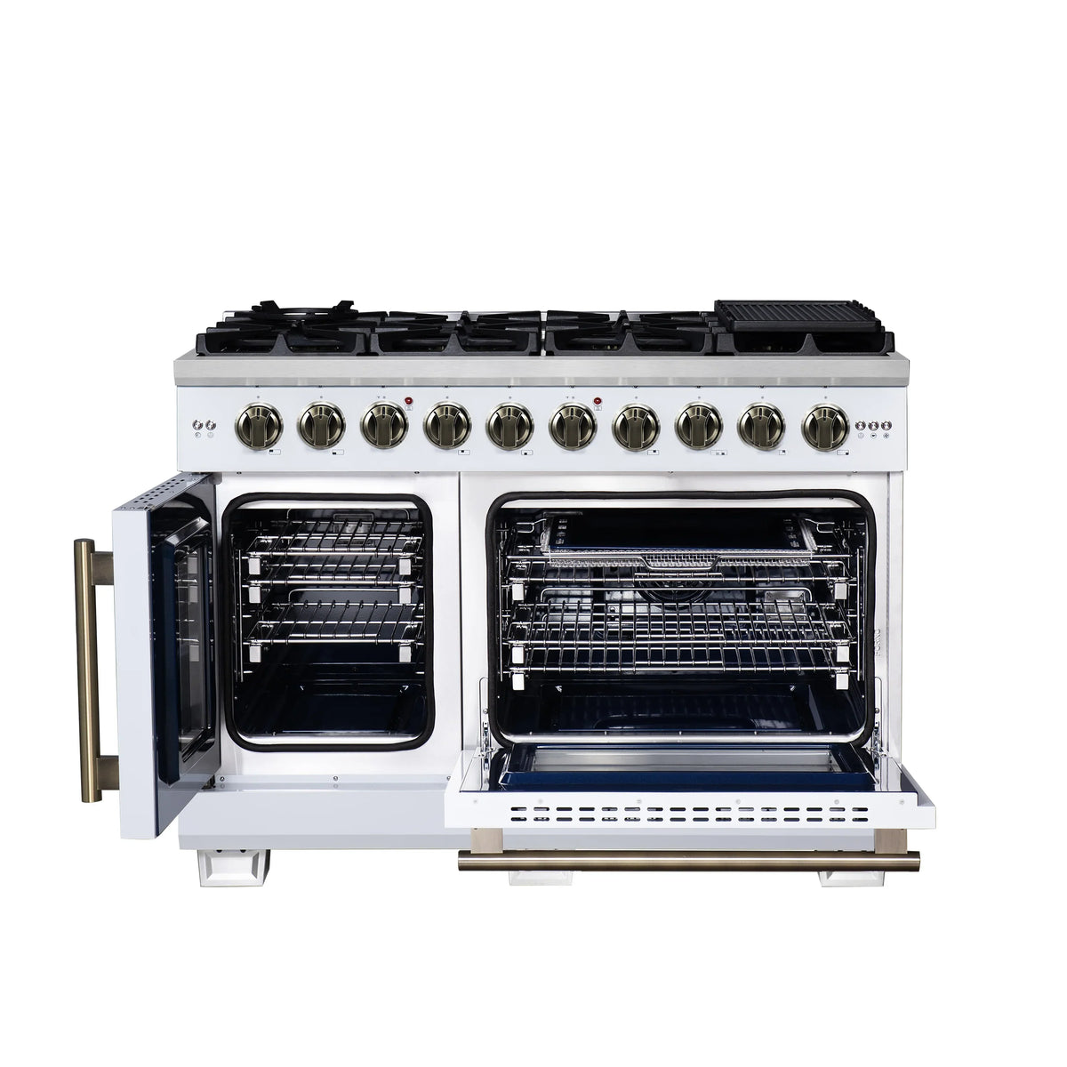 Forno Capriasca 48-Inch Freestanding Gas Range, 8 Burners, 6.58 Cu. Ft. French Door Convection Oven, White with Antique Brass Handle (FFSGS6460-48WHT)