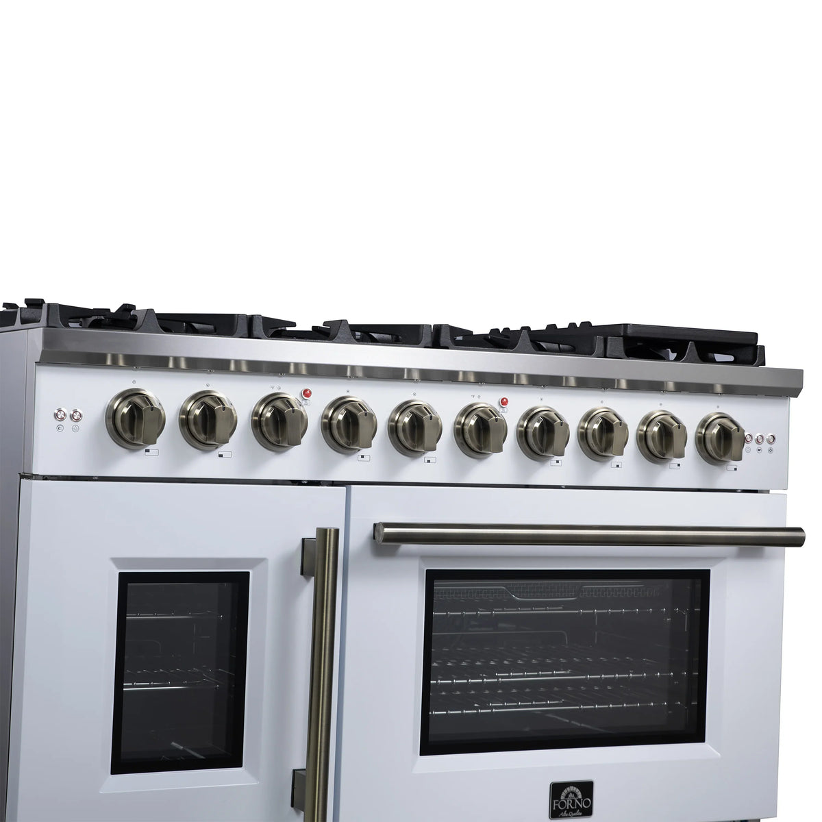 Forno Capriasca 48-Inch Freestanding Gas Range, 8 Burners, 6.58 Cu. Ft. French Door Convection Oven, White with Antique Brass Handle (FFSGS6460-48WHT)